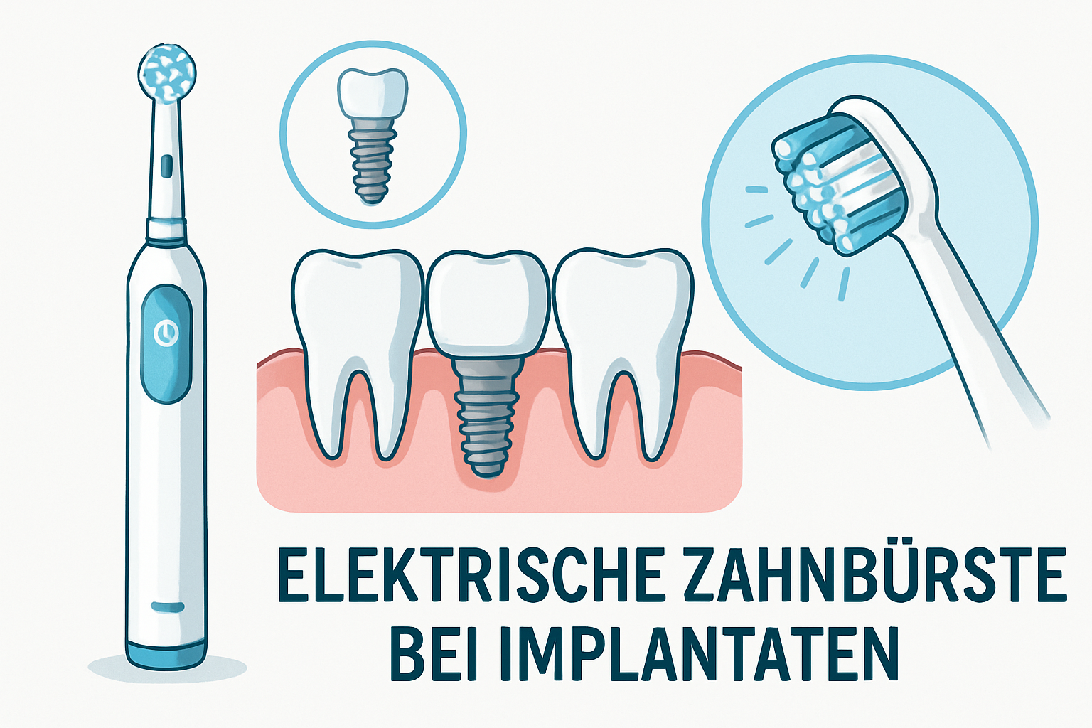 Elektrische Zahnbürste wird sanft an Zahnimplantat verwendet mit gesundem Zahnfleisch