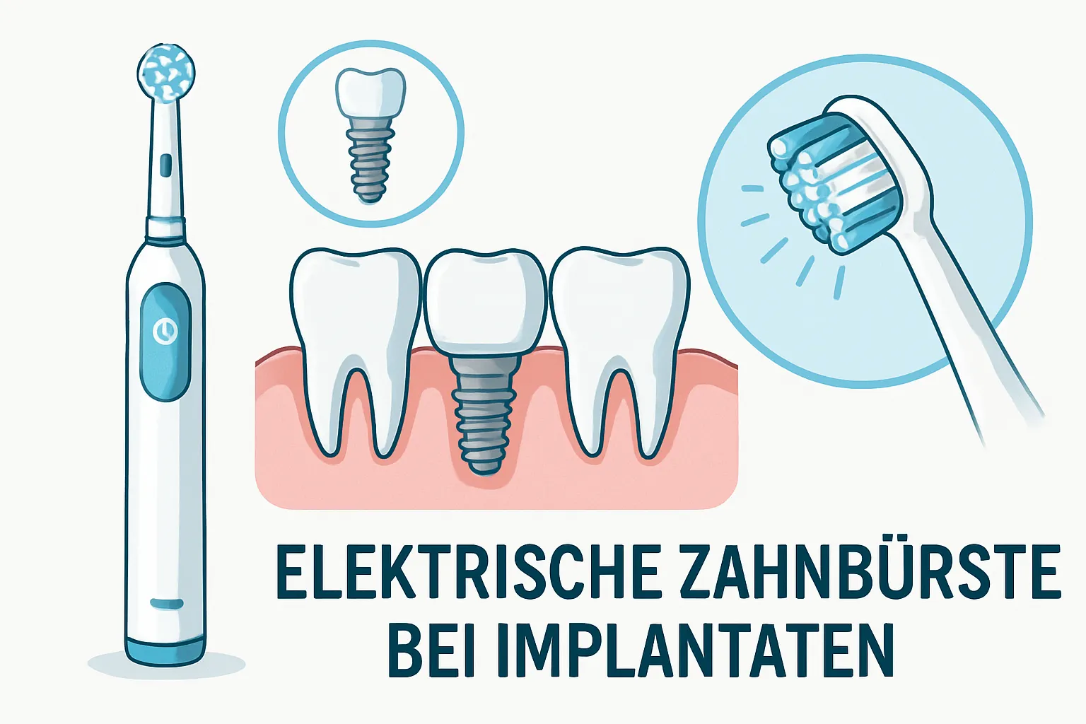 Elektrische Zahnbürste wird sanft an Zahnimplantat verwendet mit gesundem Zahnfleisch