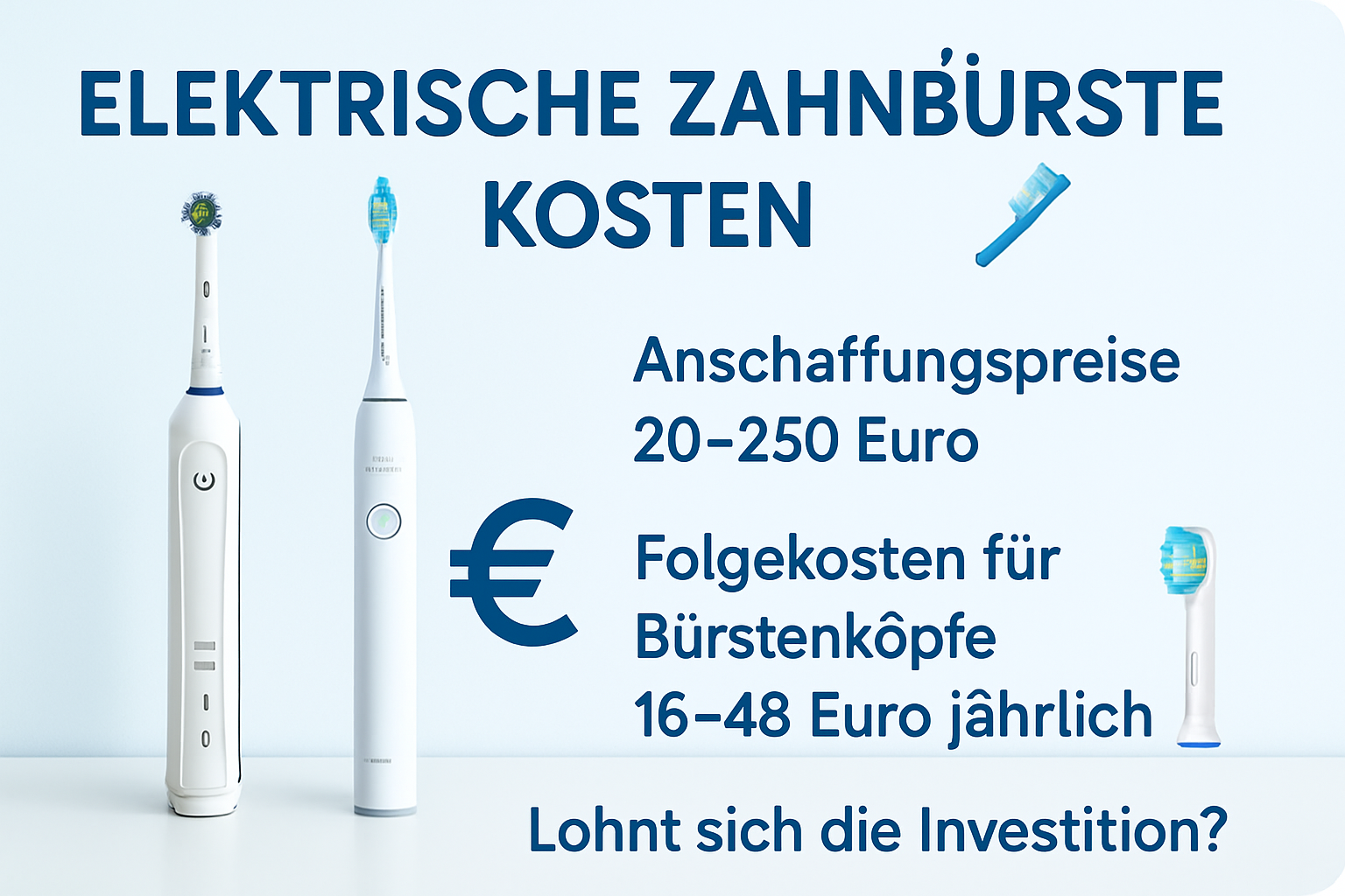 Taschenrechner mit elektrischer Zahnbürste und Bürstenköpfen zur Kostenberechnung
